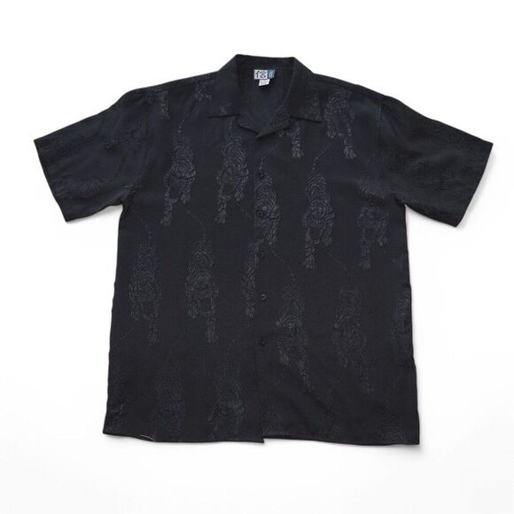 TRUST Vintage 90s Y2K Solid Black Emboss Tiger SS Button Down Shirt Men's XL - Picture 1 of 7